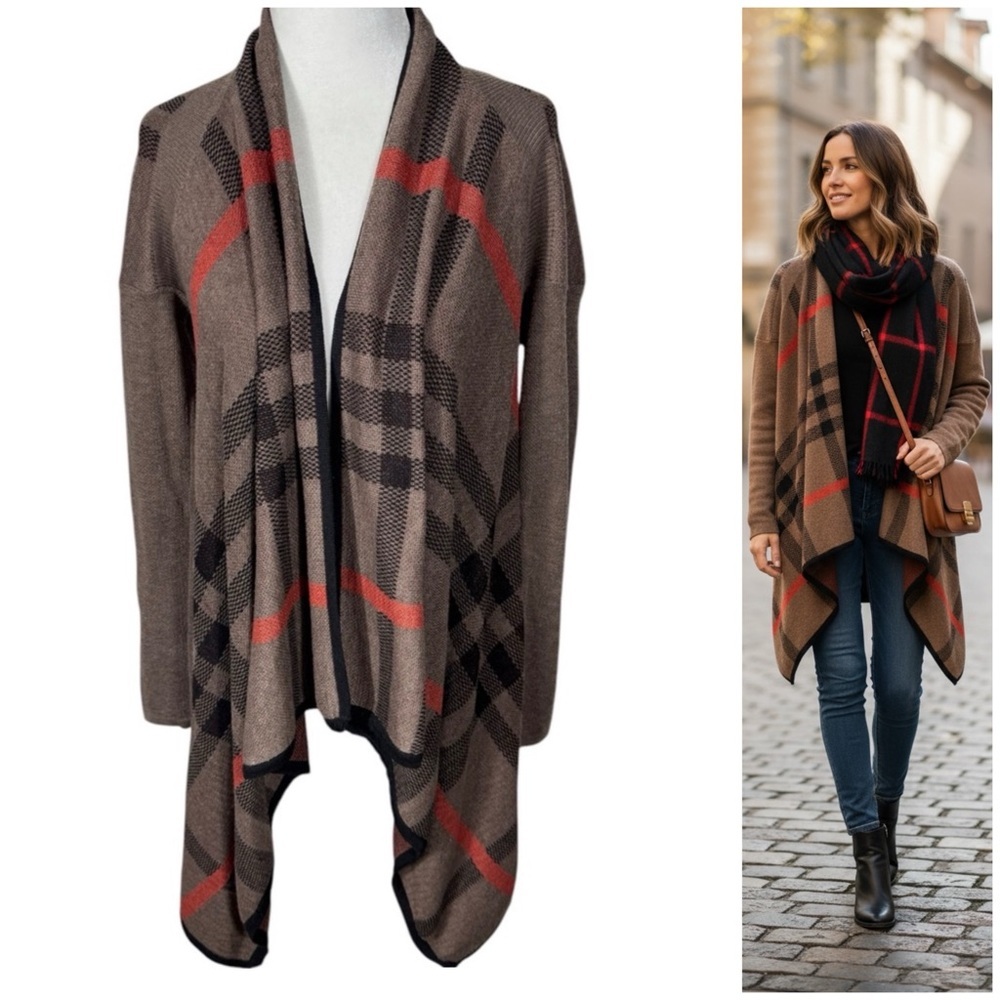 Women's Refined Plaid Open Long Sleeve Cardigan Sweater Sz S/M